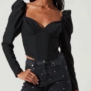 Astr Black Sweetheart Corset Puff-Sleeve Top